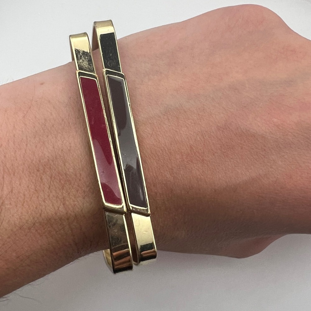 Vintage Geometric Enamel Bangles Set – Gold Tone Square Red & Brown Modernist‎